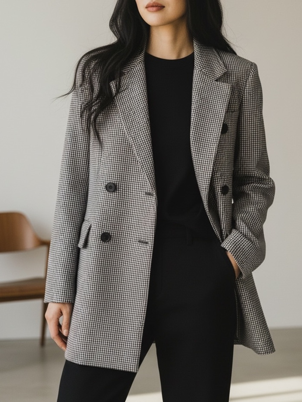 Maje Black Brown & Latte Tan Houndstooth Double-Breasted Fall Blazer Size 6